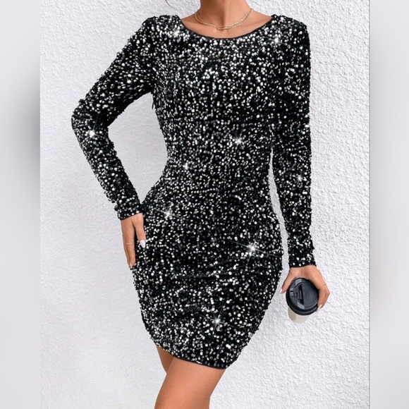 * New Draped Back Sequin Velvet Dress Long Sleeve Short Black Silver - Picture 6 of 9